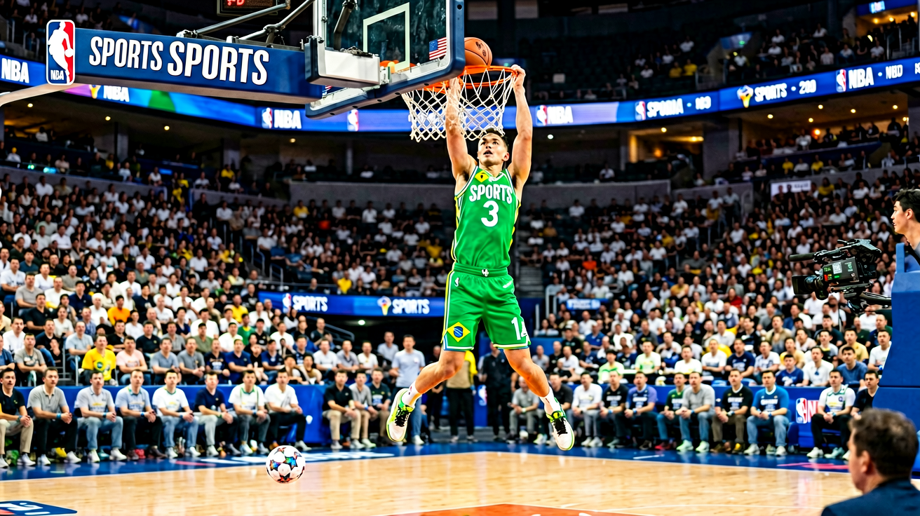 NBA篮球比赛现场，球员腾空扣篮的精彩瞬间